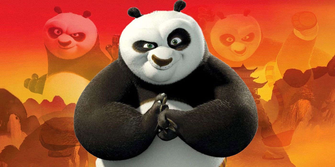 Po from Kung Fu Panda 4 with faded versions of Po overlayed in the red sky behind him