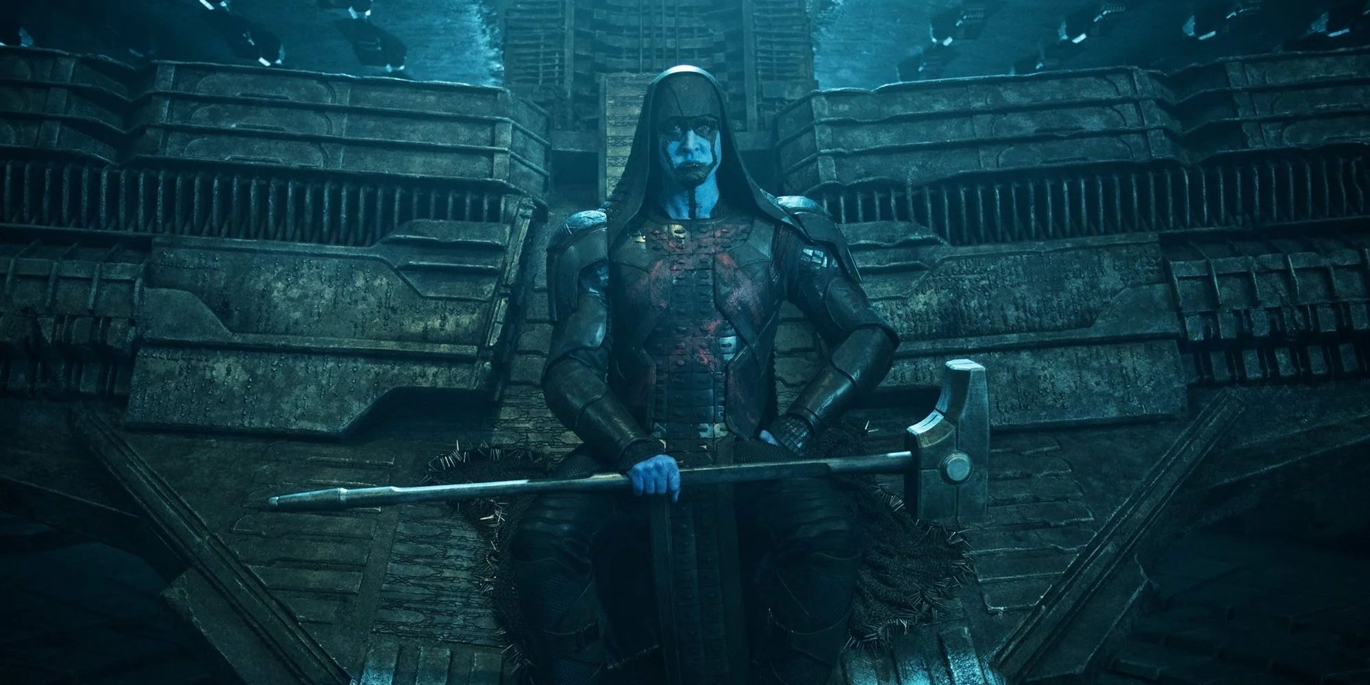 Ronan the Accuser, sitting in his throne holding his hammer in Guardians of the Galaxy