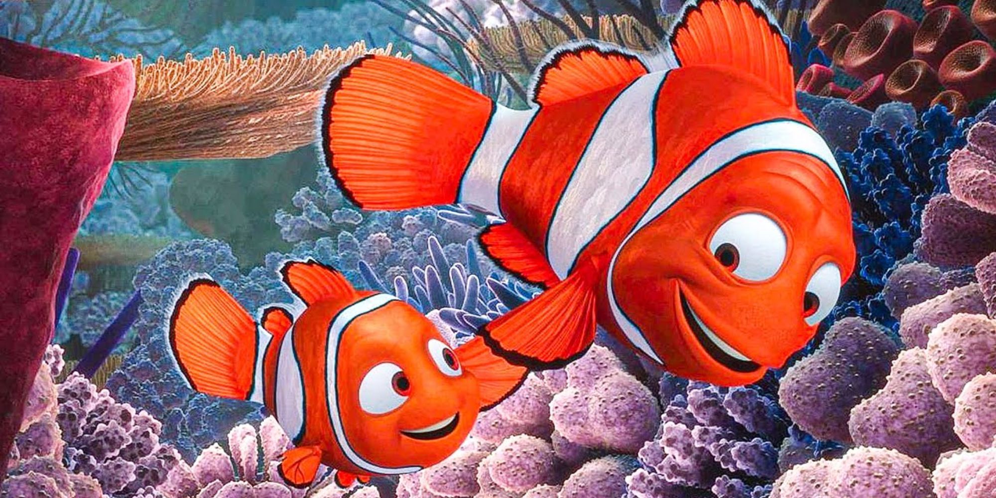 Marlin and Nemo swim together in Finding Nemo (2003)