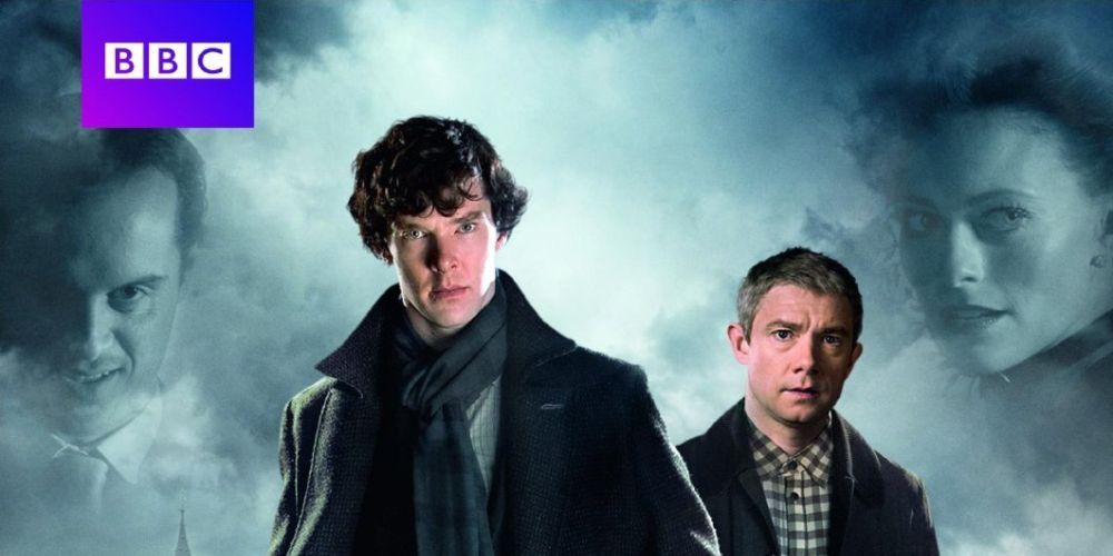 Benedict Cumberbatch dans le rôle de Sherlock Holmes et Martin Freeman dans le rôle du Dr Watson dans l'affiche Sherlock de la BBC