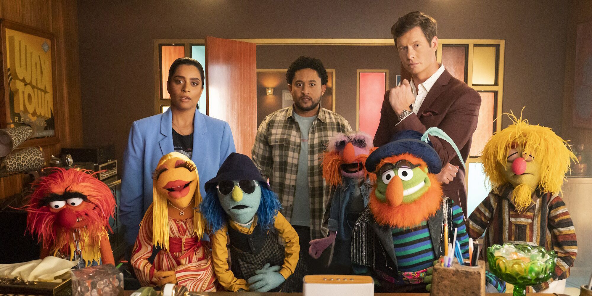 The cast -- human and Muppet alike -- of The Muppets Mayhem