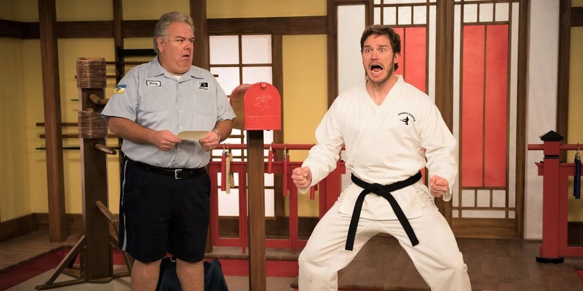 Jim O'Heir as Jerry Gergich and Chris Pratt as Andy Dwyer filming Johnny Karate on Parks and Recreation