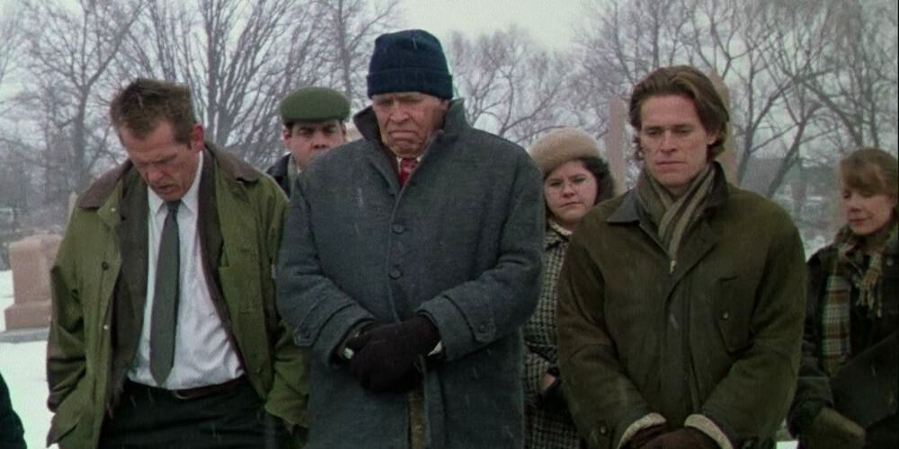 Nick Nolte, James-Coburn, and Willem Dafoe as part of a procession in Affliction