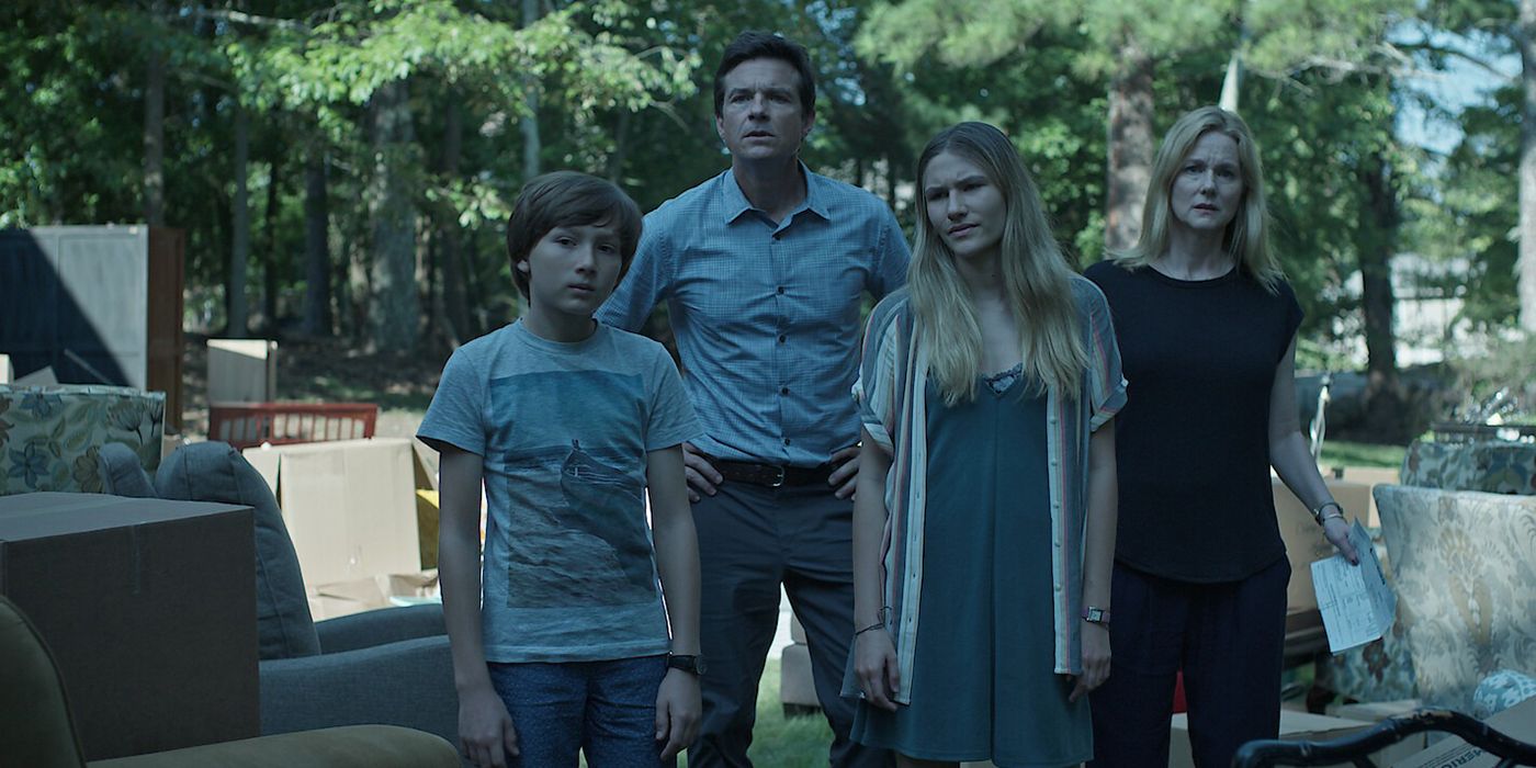Jonah, Marty, Charlotte, and Wendy Byrne all looking shocked at something in a scene from Ozark.