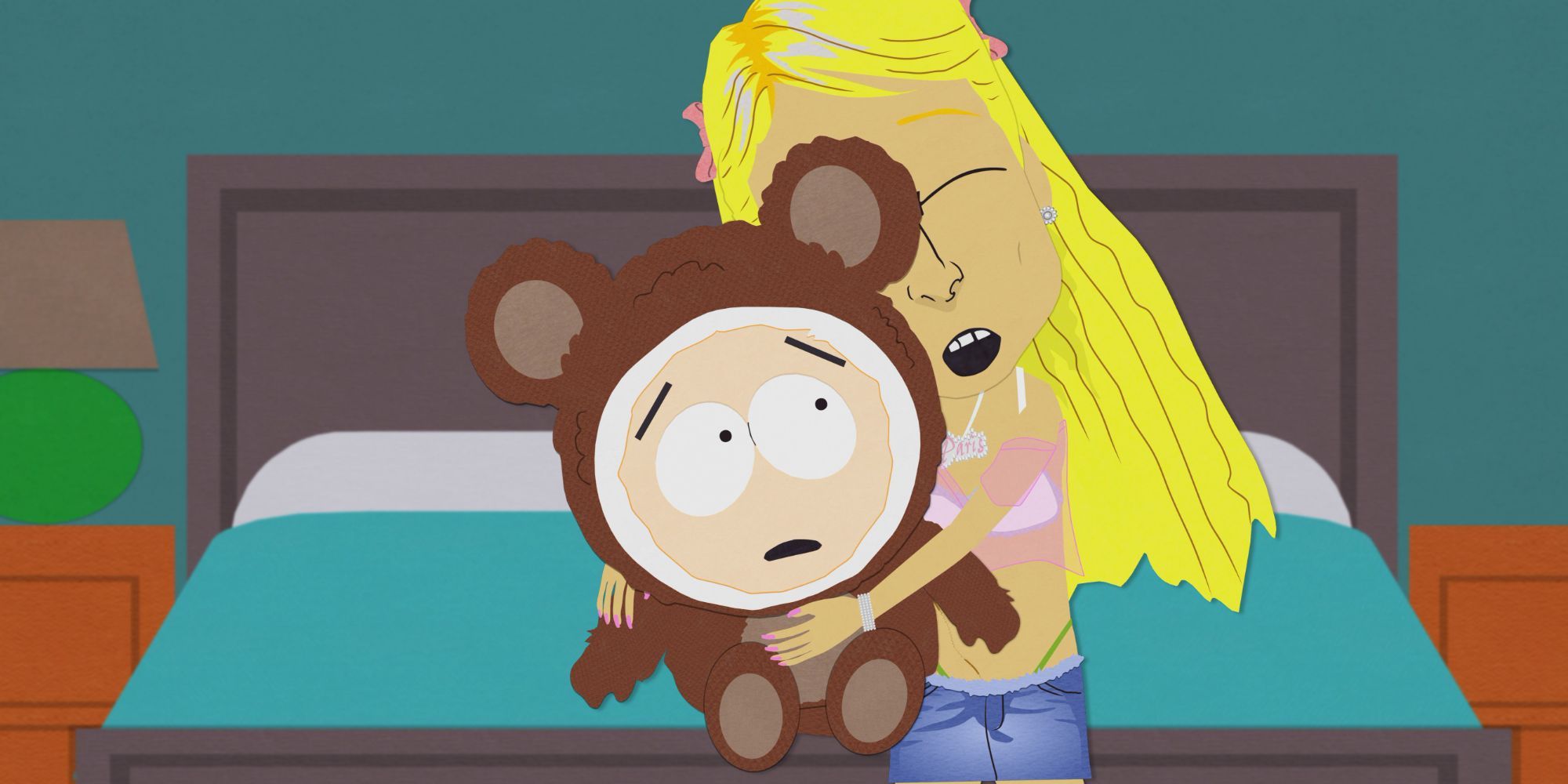 Paris Hilton embrasse Butters déguisé en ours en peluche à South Park