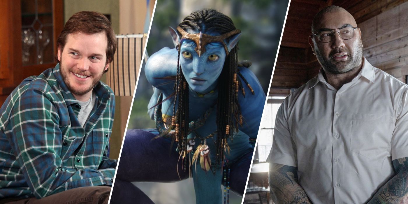Andy Dwyer (Chris Pratt) in Parks and Recreation, Neytiri (Zoe Saldana) in Avatar, Leonard (Dave Bautista) in Knock at the Cabin