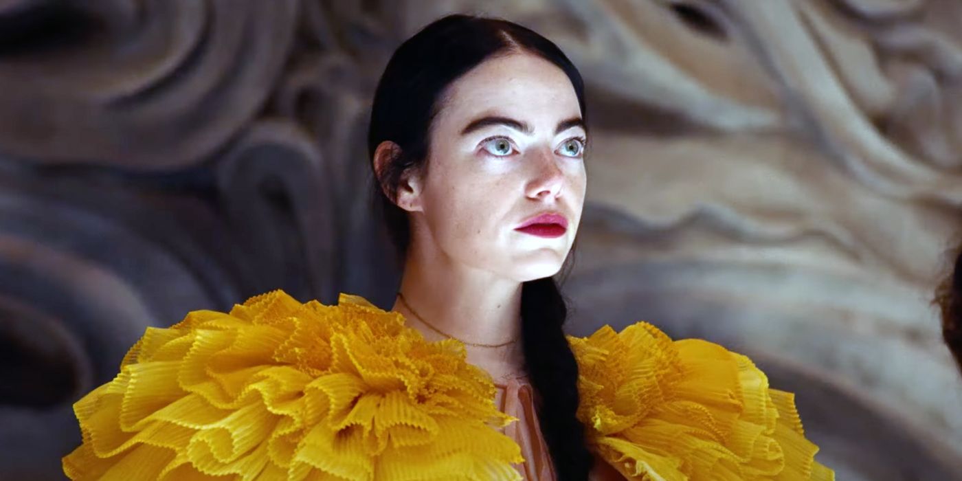 Emma Stone as Bella Baxter wearing a frilly yellow dress in Poor Things