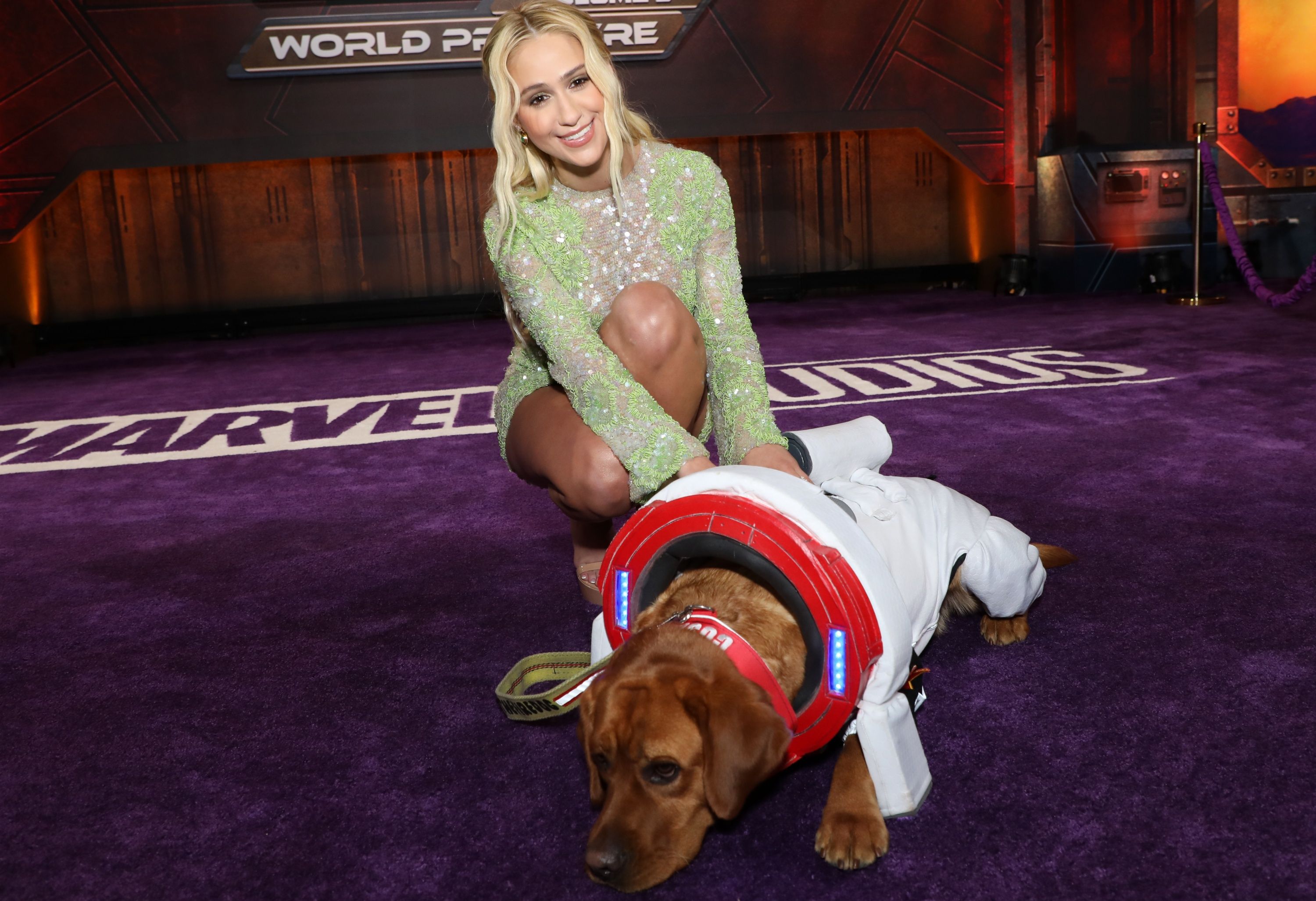 Maria Bakalova and Cosmo attend the Guardians of the Galaxy Vol. 3 premiere at the Dolby Theatre in Hollywood, CA on Thursday, April 27, 2023