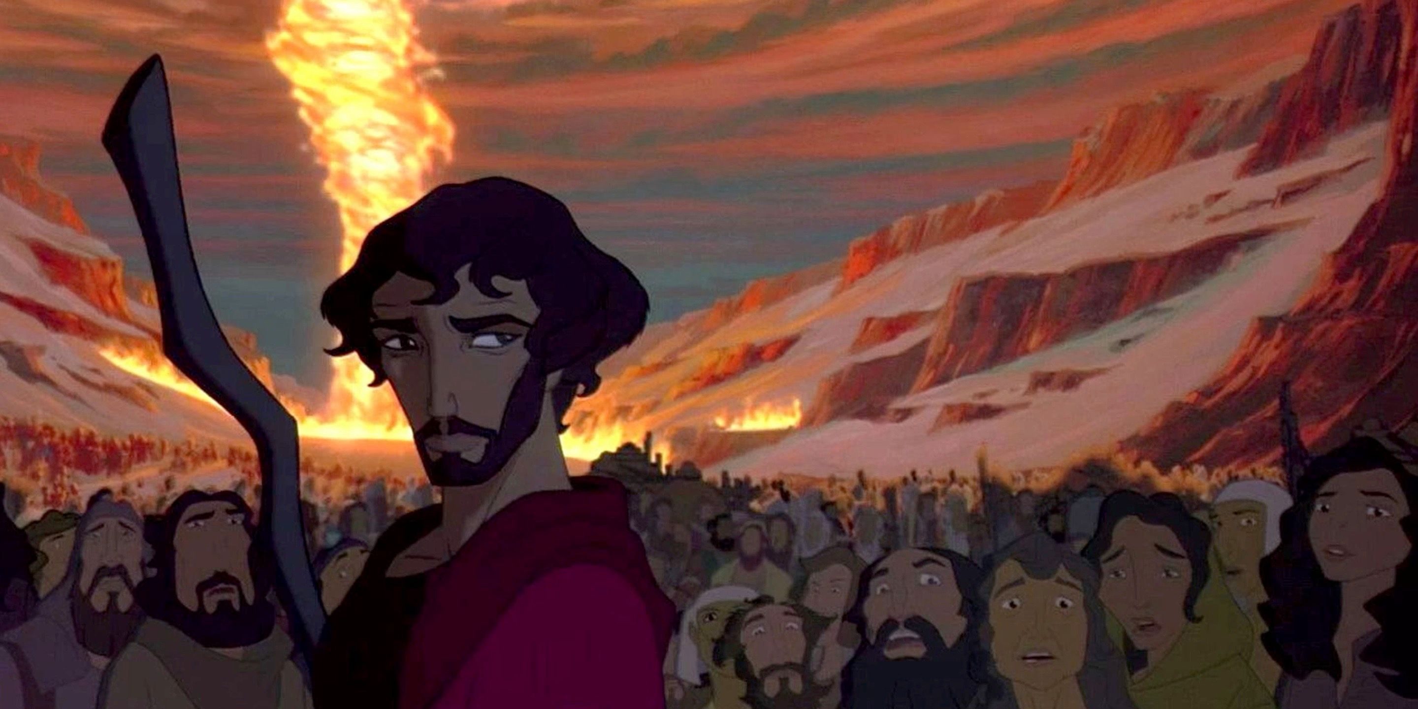 Moses leading a group of scared people in the Prince of Egypt