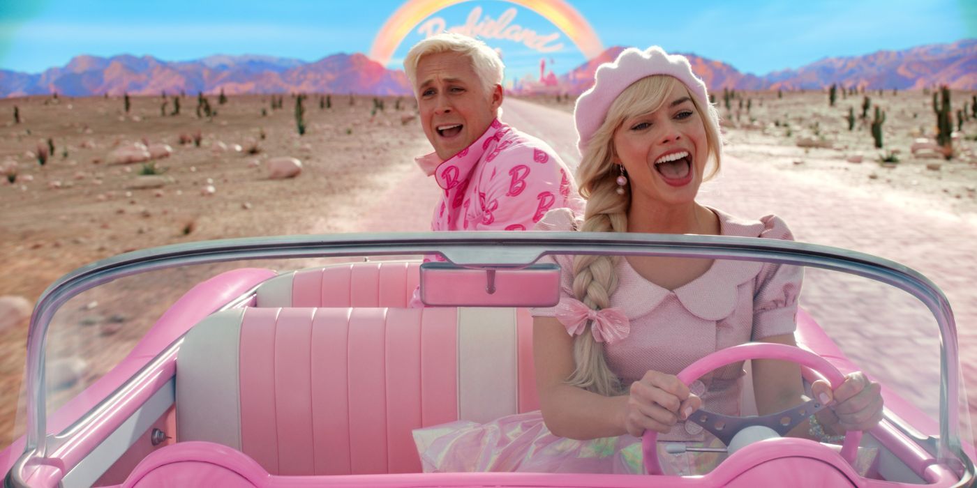 Margot Robbie as Barbie singing her car with Ryan Gosling as Ken behind her in Greta Gerwig's Barbie