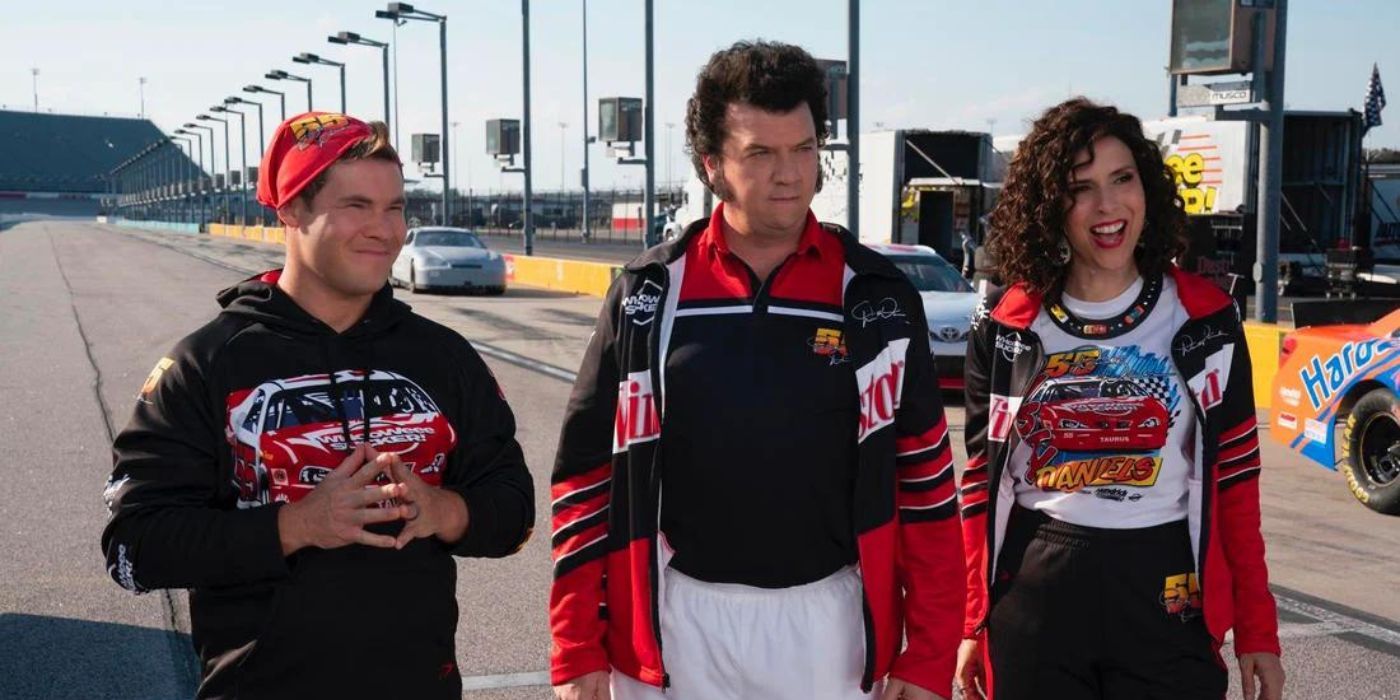 Adam DeVine, Danny McBride, and Edi Patterson as Kelvin, Jesse, and Judy Gemstone at a racetrack in The Righteous Gemstones Season 3