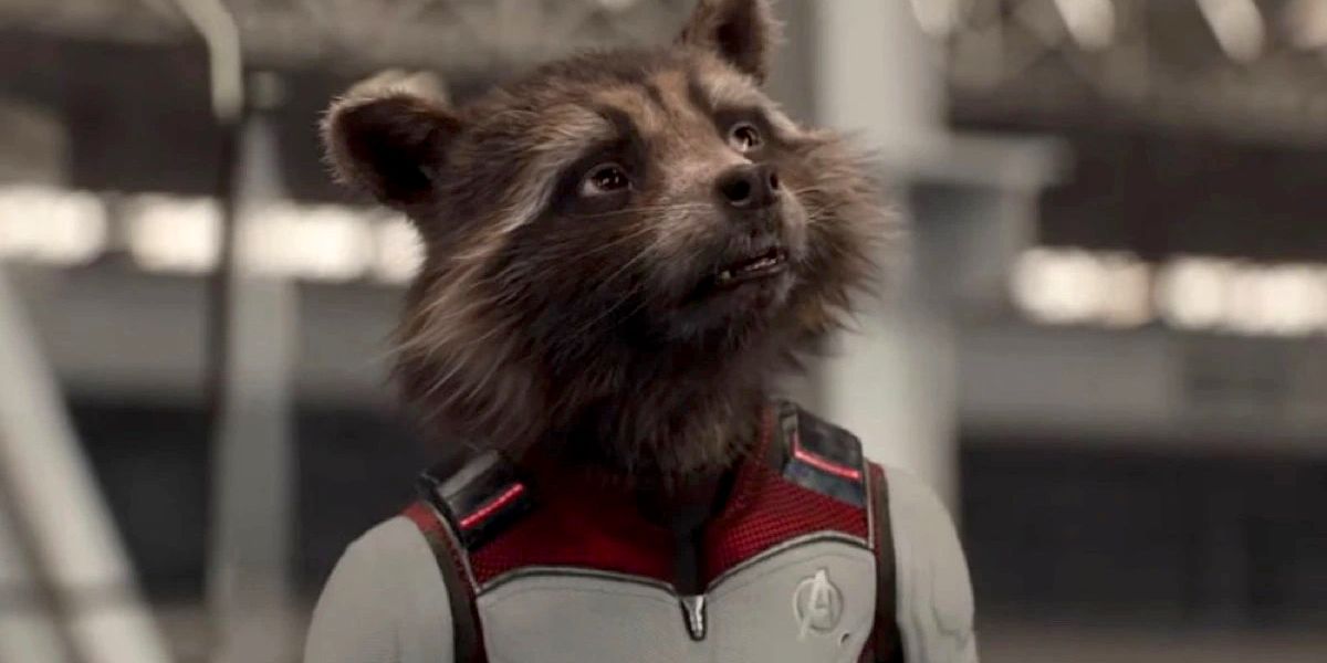 rocket raccoon at Avengers HQ in his time-travel suit in Avengers: Endgame