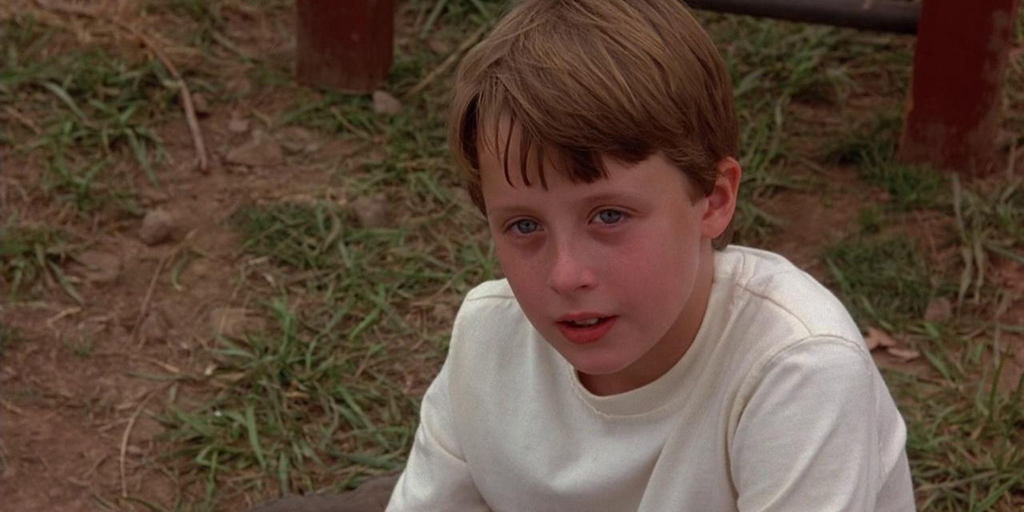 Rory Culkin in 'Signs', sitting on the grass and looking up