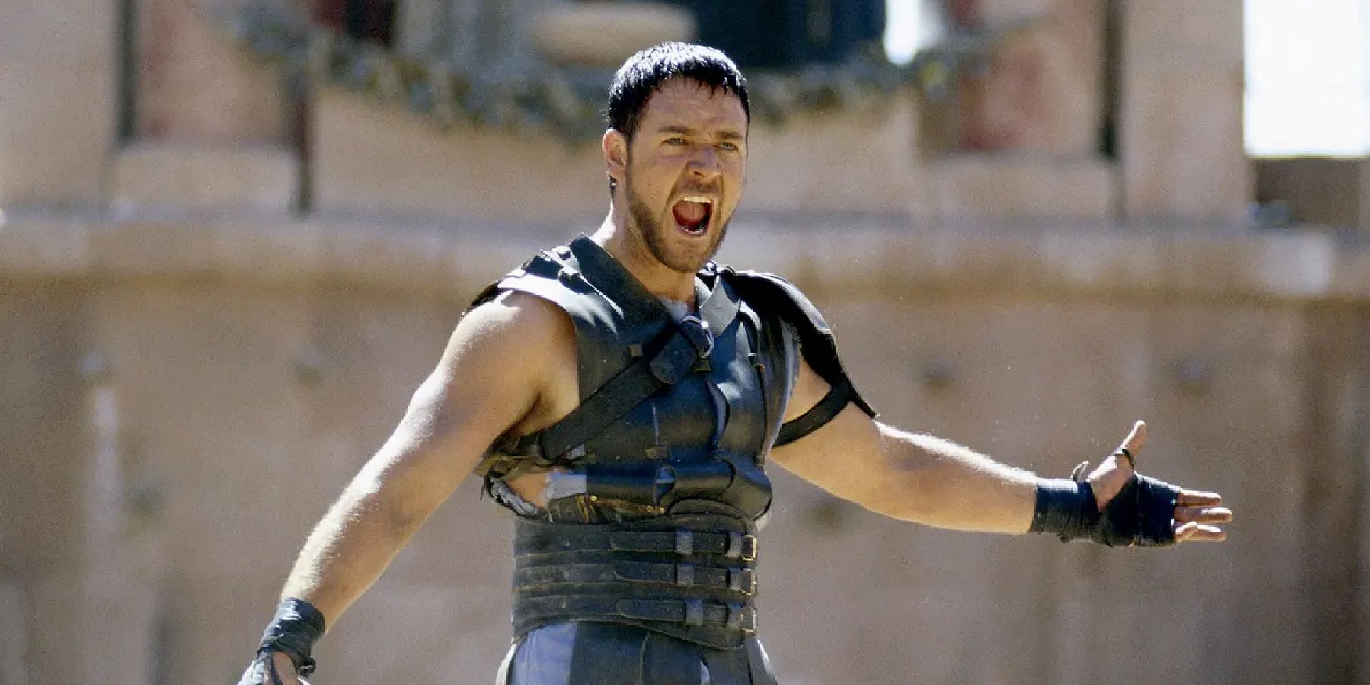 Maximus screaming with his arms spread in Gladiator