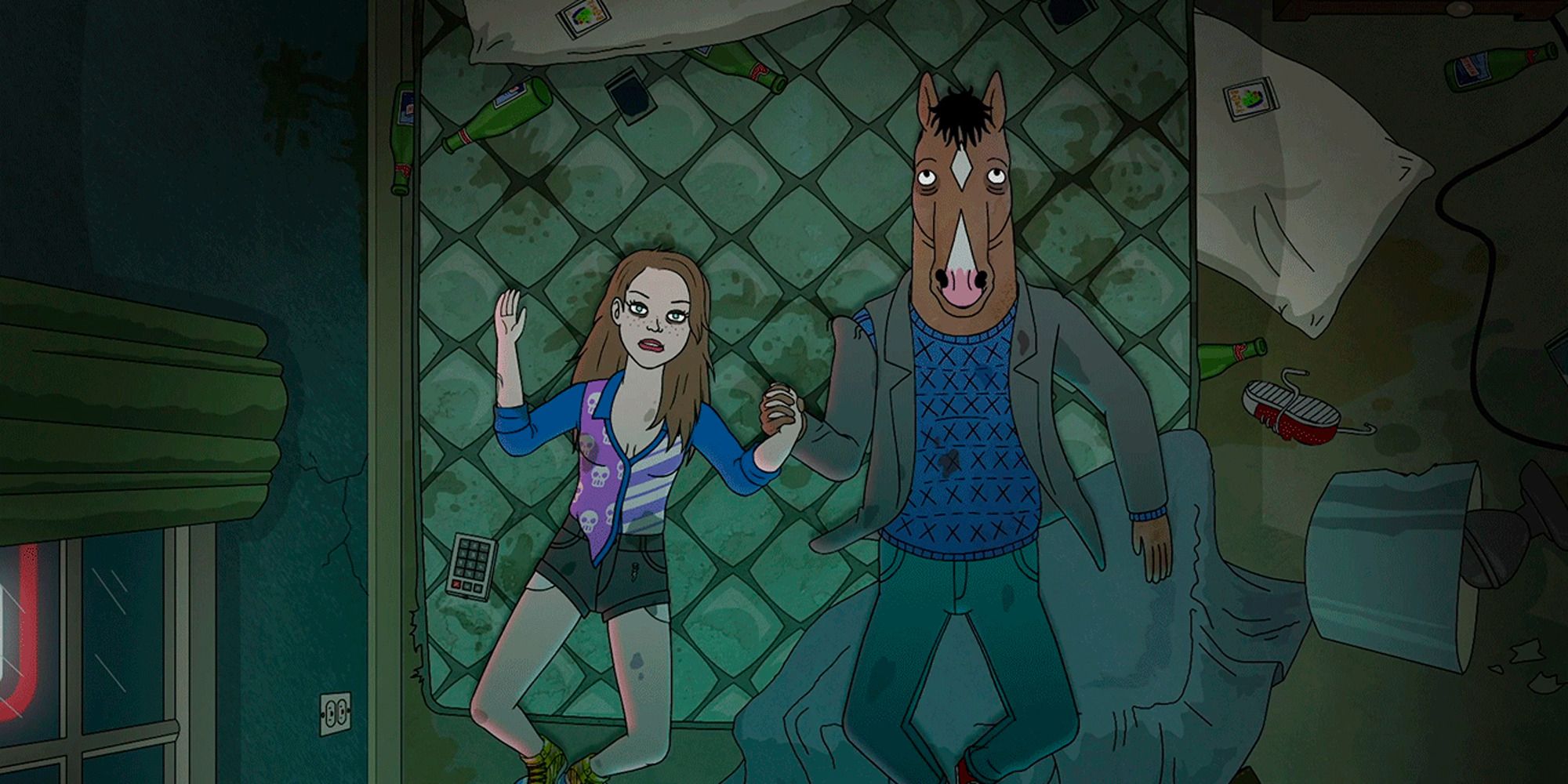 Sarah Lynn y BoJack de BoJack Horseman están acostados en una cama sucia.