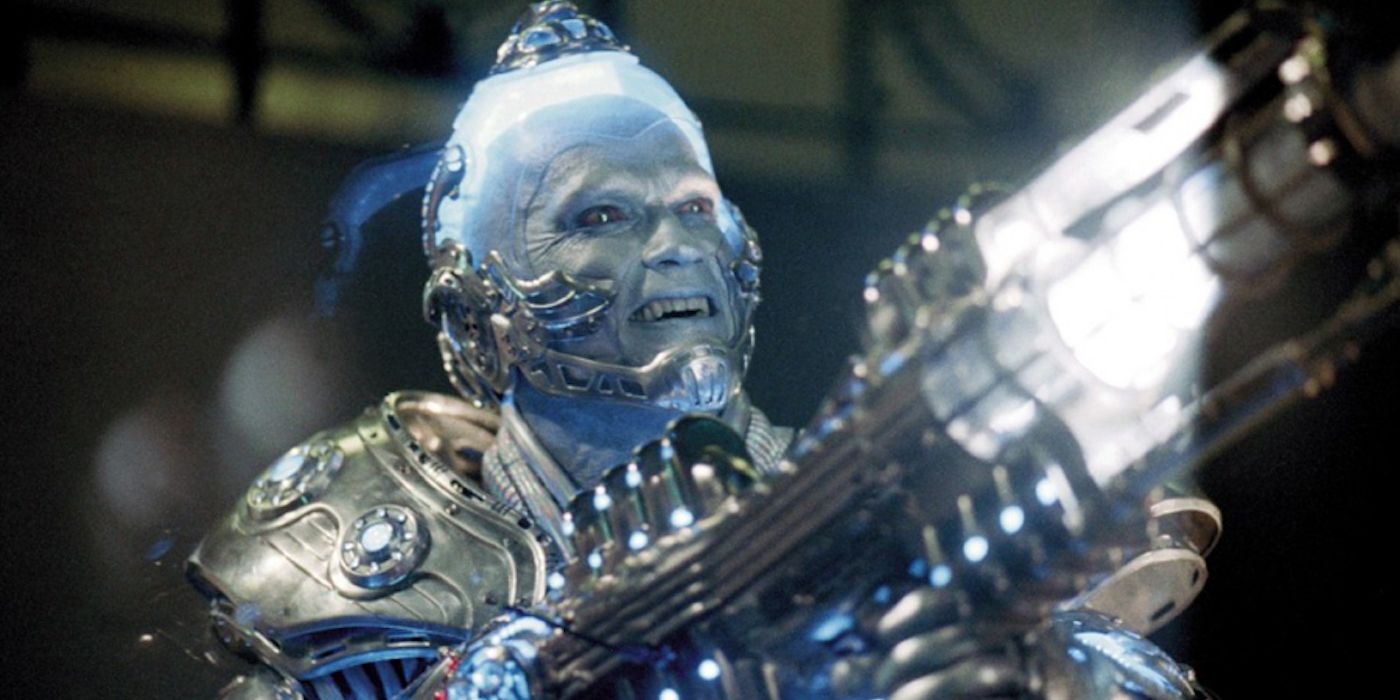 Mr. Freeze smiling while firing his ice gun in Batman and Robin