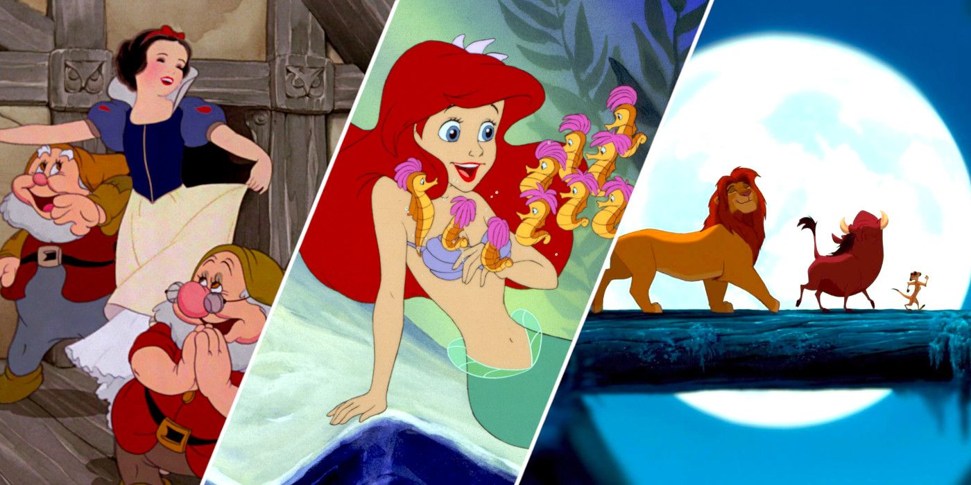 Snow White from Snow White and the Seven Dwarfs, Ariel from The Little Mermaid, and Simba, Timon, and Pumbaa from The Lion King