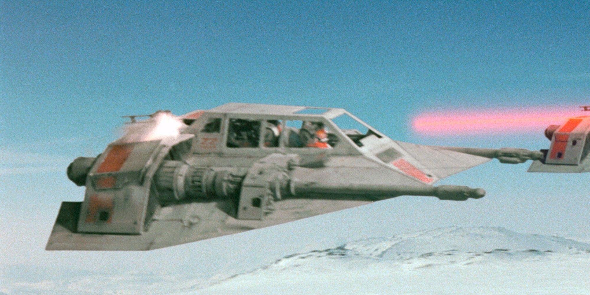 Snowspeeder from 'The Empire Strikes Back', flying through Hoth shooting lasers