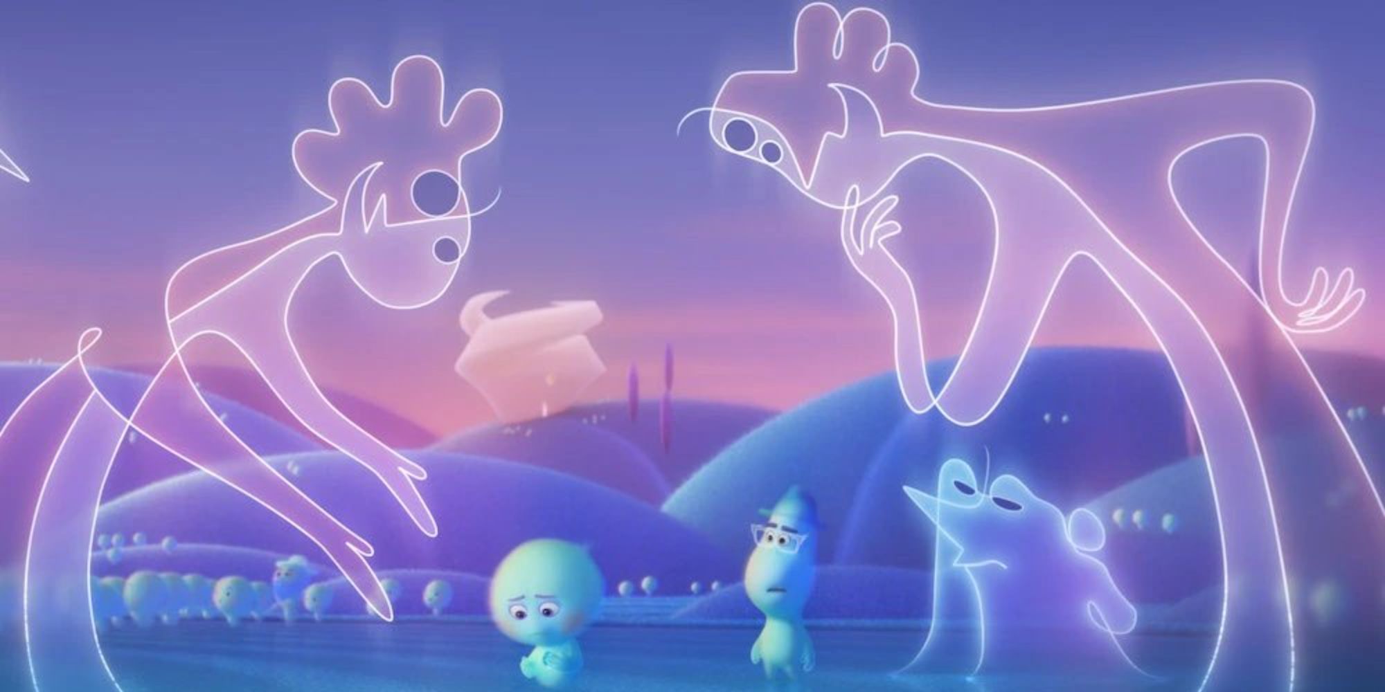 Two large trasparent beings over two smaller, blue-ish creatures in the film 'Soul’ (2020) 