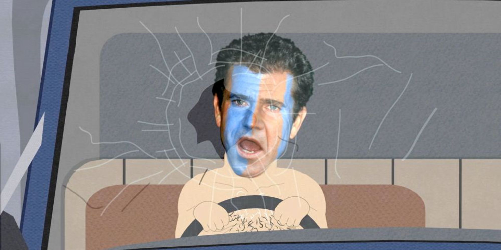 Mel Gibson drives a truck while yelling in South Park