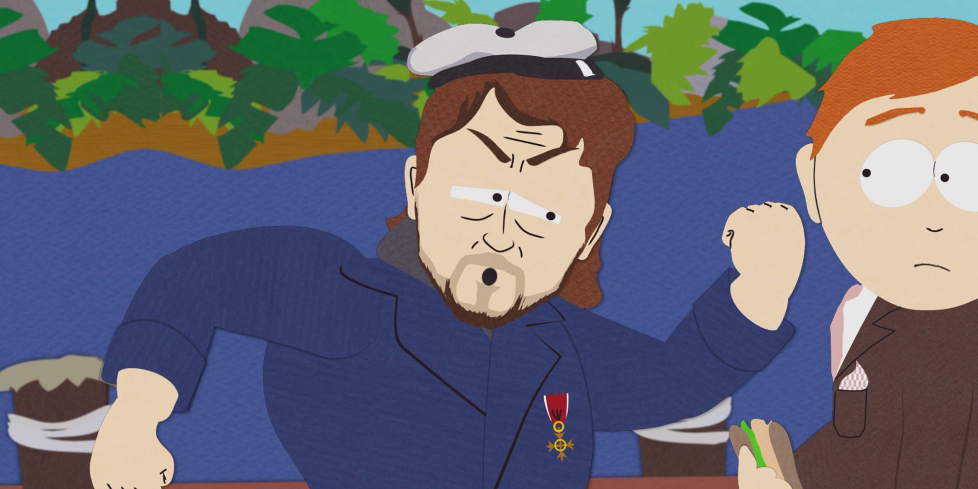 Russell Crowe menace un homme en costume de marin à South Park