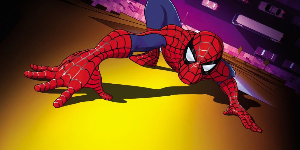 Spider-Man crawling up a wall in the Spider-Man cartoon