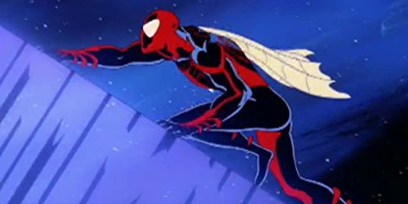 Spider-Man crawling up a surface in the animated Spider-Man Unlimited series