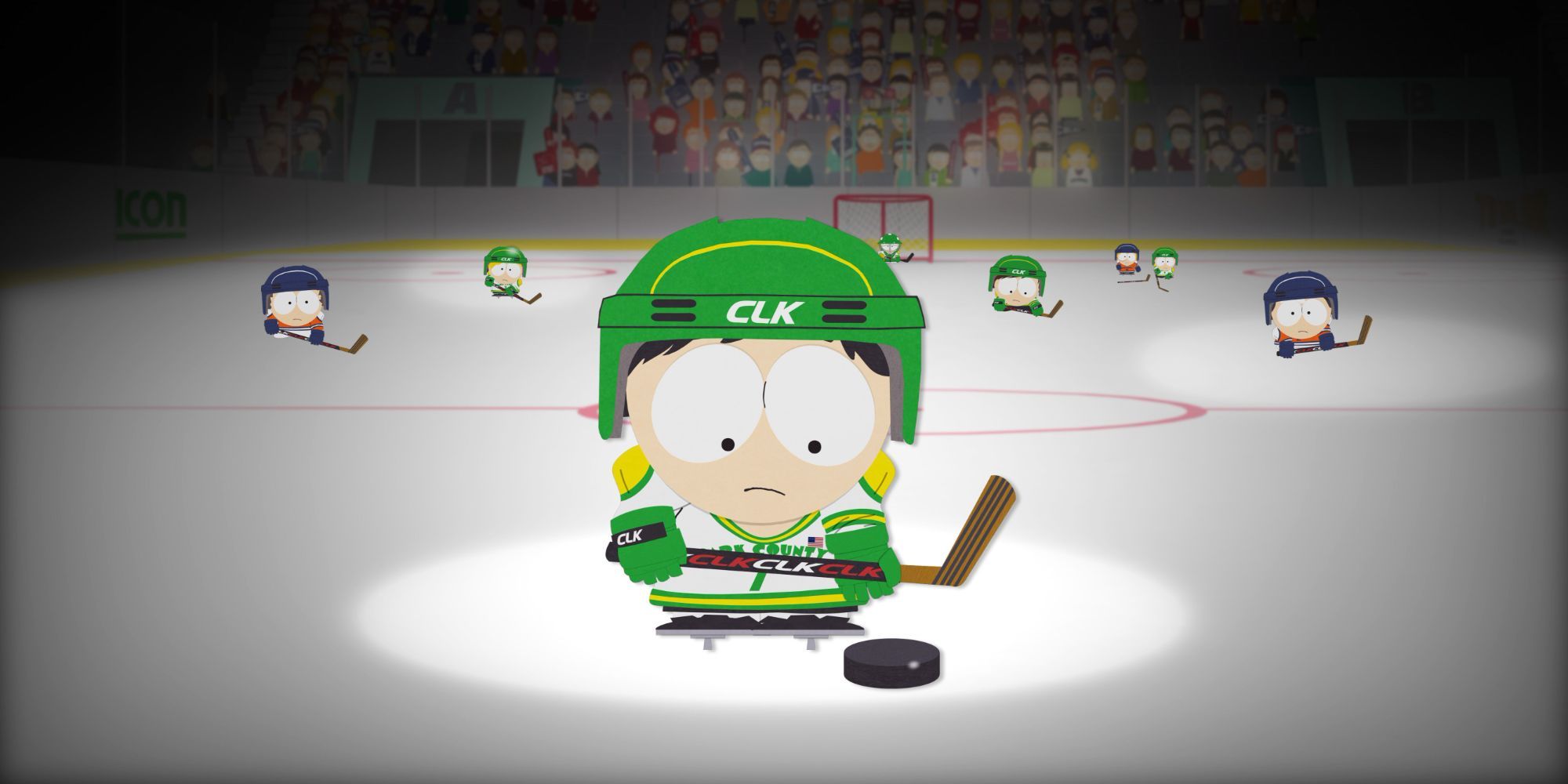 A junior hockey player prepares to shoot at Stanley's Cup (South Park)