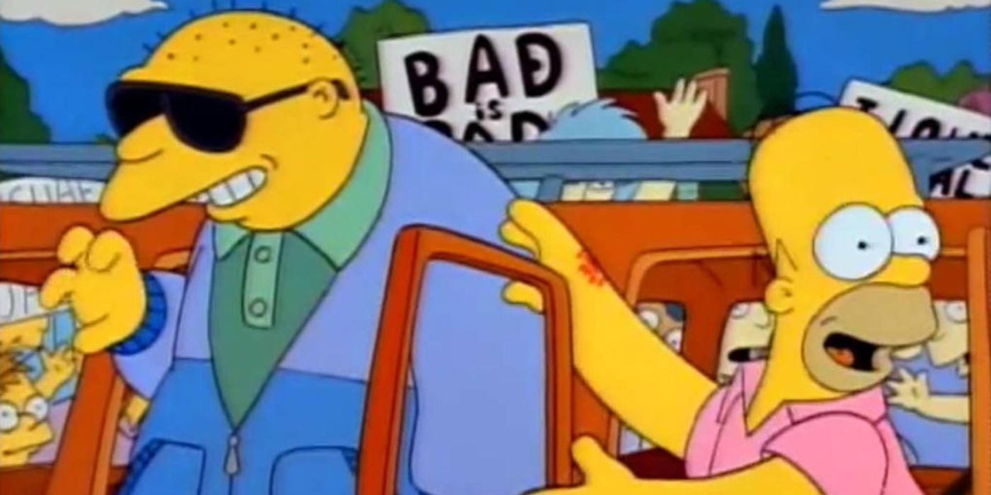 Homer smiling and opening the car door for Michael, voiced by Michael Jackson, in front of a crowd of people in The Simpsons Season 3 Episode 1, "Stark Raving Dad"