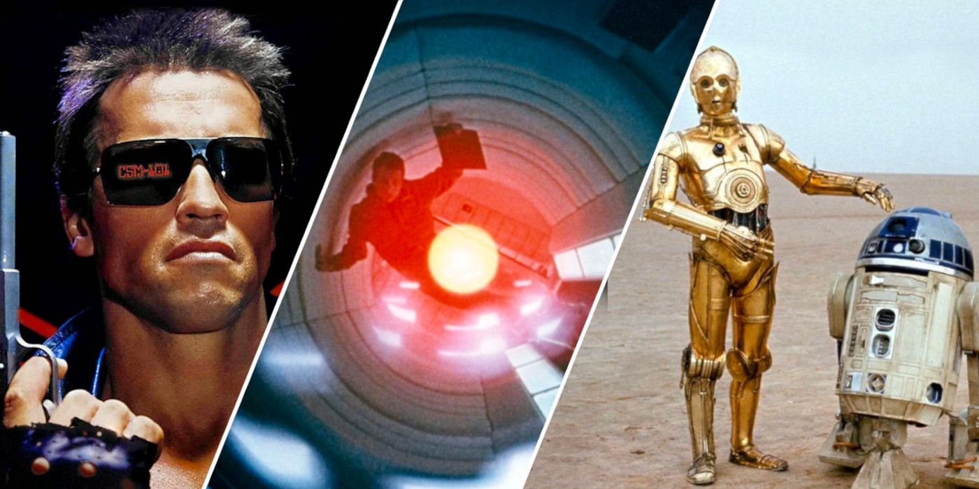 T-800 from The Terminator, HAL-9000 from 2001 A Space Odyssey, and C-3PO and R2-D2 from Star Wars