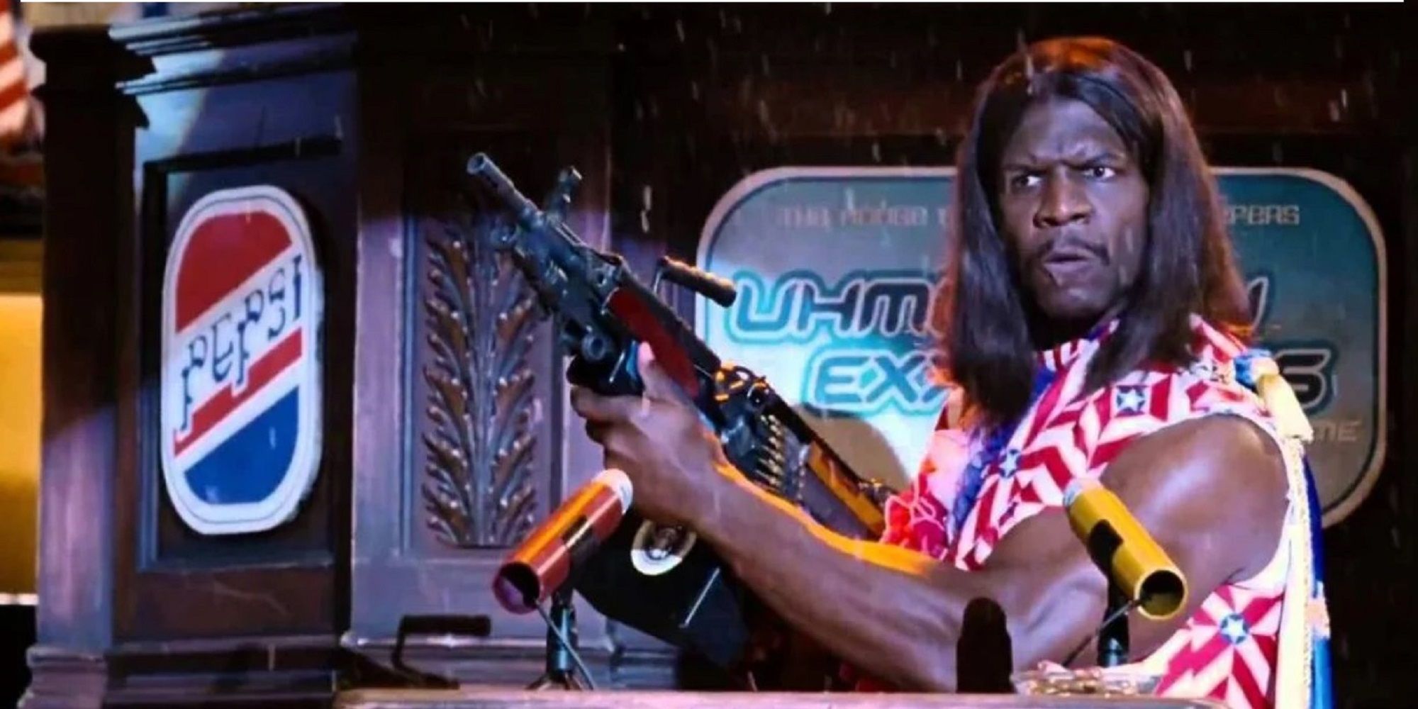 Terry Crews as the president of the United States with a gun in 'Idiocracy.'