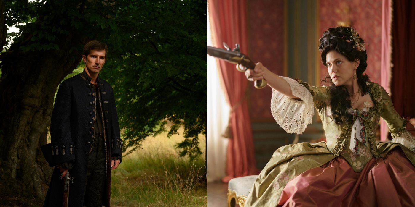 Gwilym Lee as Grigor side-by-side with Charity Wakefield as Georgina holding a pistol in The Great Season 3