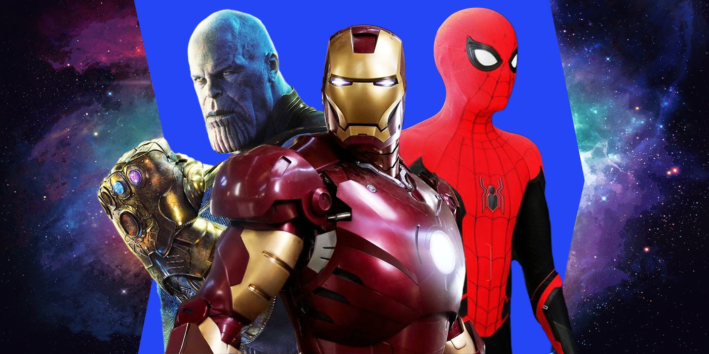 from L to R: large, blue skinned alien, man in red and gold armor, and man in red, spider-themed costume against a swirling cosmos