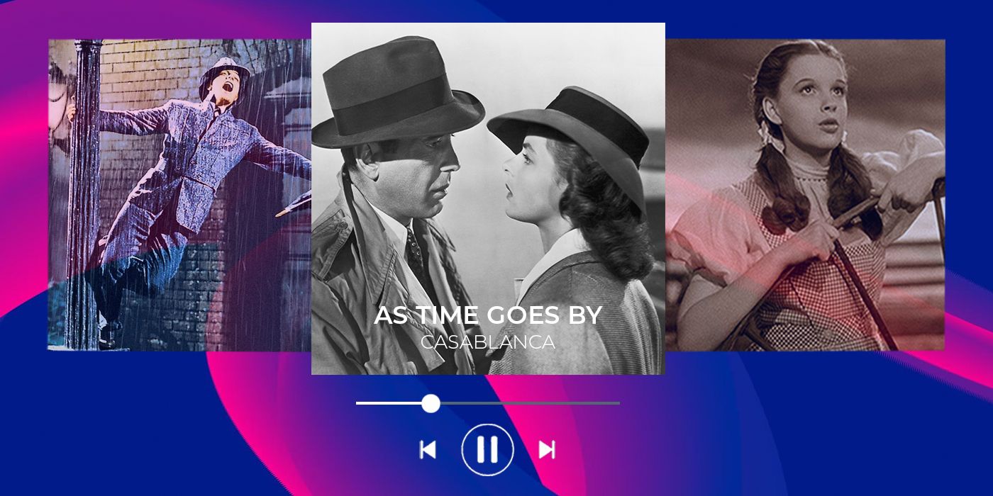 image with blue/purple background, with stills from Singing in the Rain, Casablanca, and The Wizard of Oz cropped. Casablanca is center, with the words 