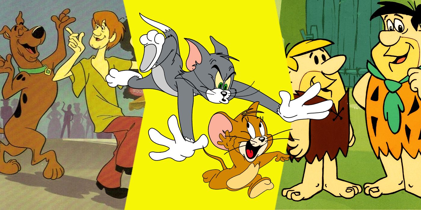 from L to R: an animated man and dog dancing, a cartoon cat chsing a cartoon mouse, and two animated cavemen talking