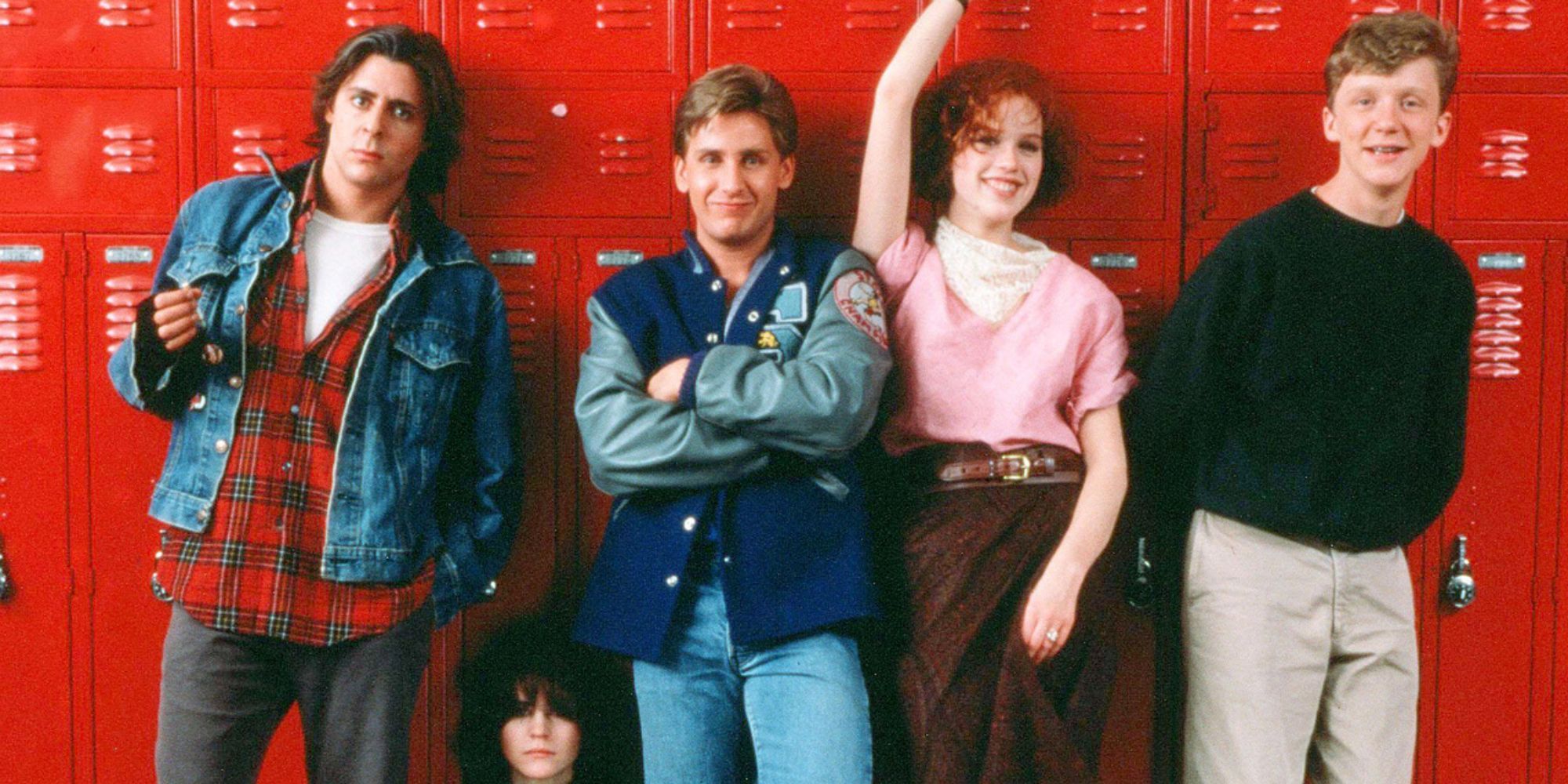 The cast lineup against a locker in The Breakfast Club