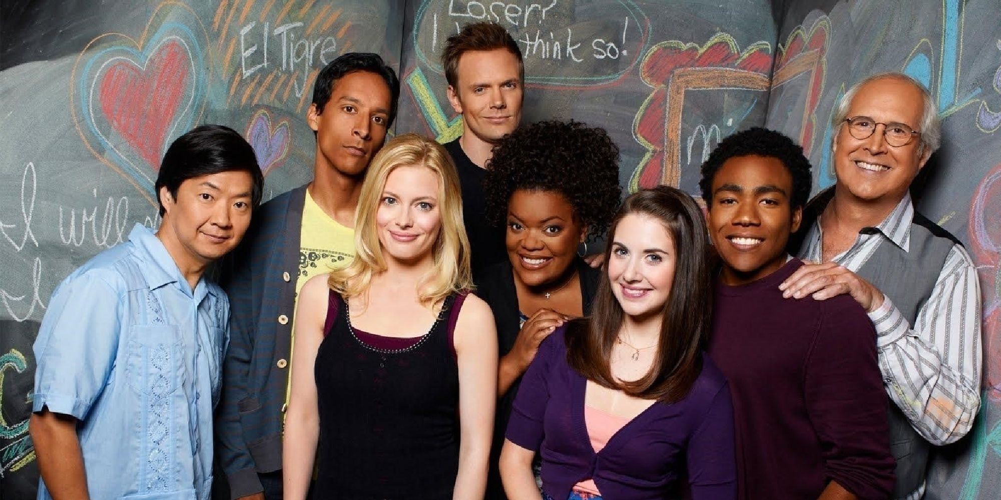 The main cast of Community posing for a promotional photo.