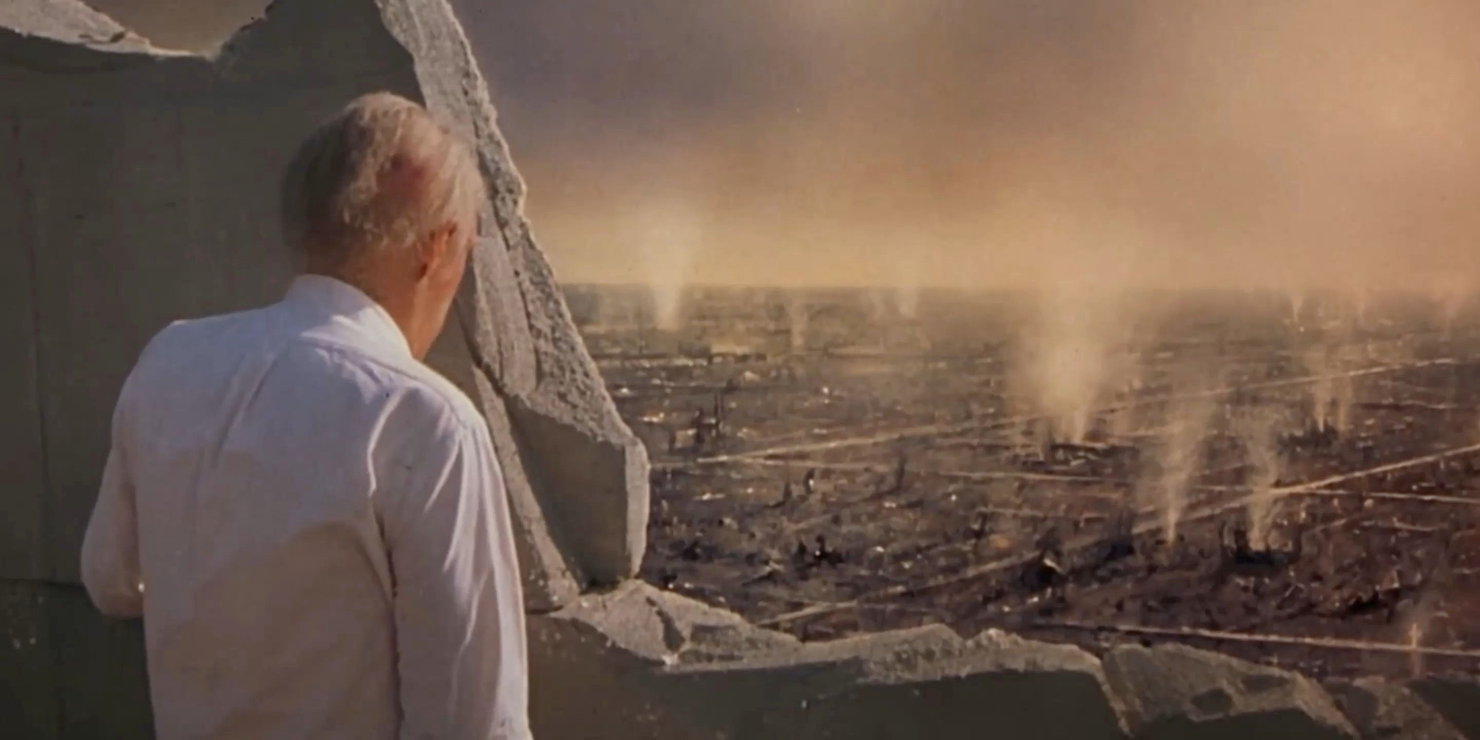 Dr Oakes (Jason Robards) stares at the devestated Kansas City, in The Day After