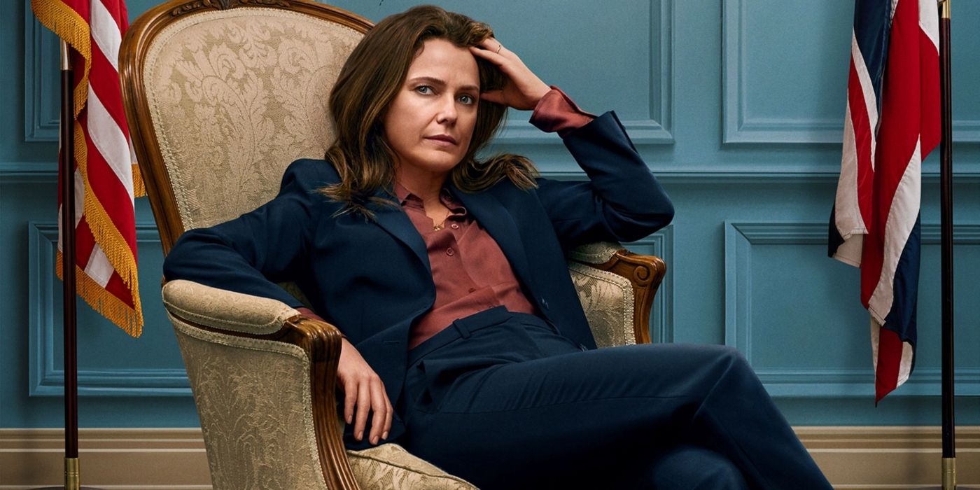 Keri Russell as Kate Wyler lounging in a chair in a cropped poster for The Diplomat