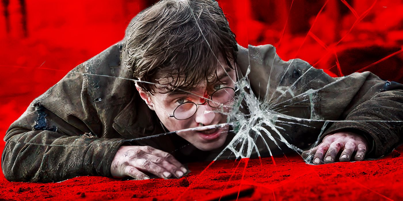 A custom image of Daniel Radcliffe as Harry Potter laying on the ground, with the screen cracked