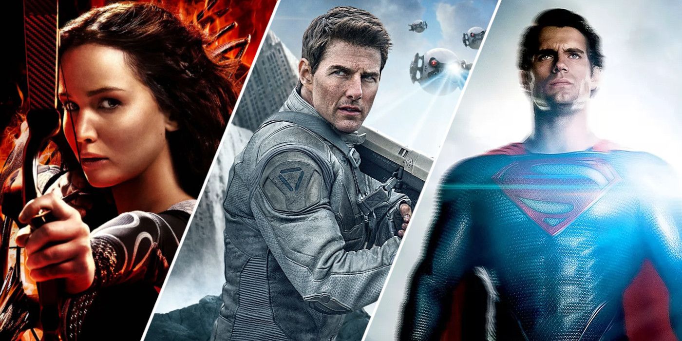 Split image showing characters from The Hunger Games Carching Fire, Oblivion, and Man of Steel