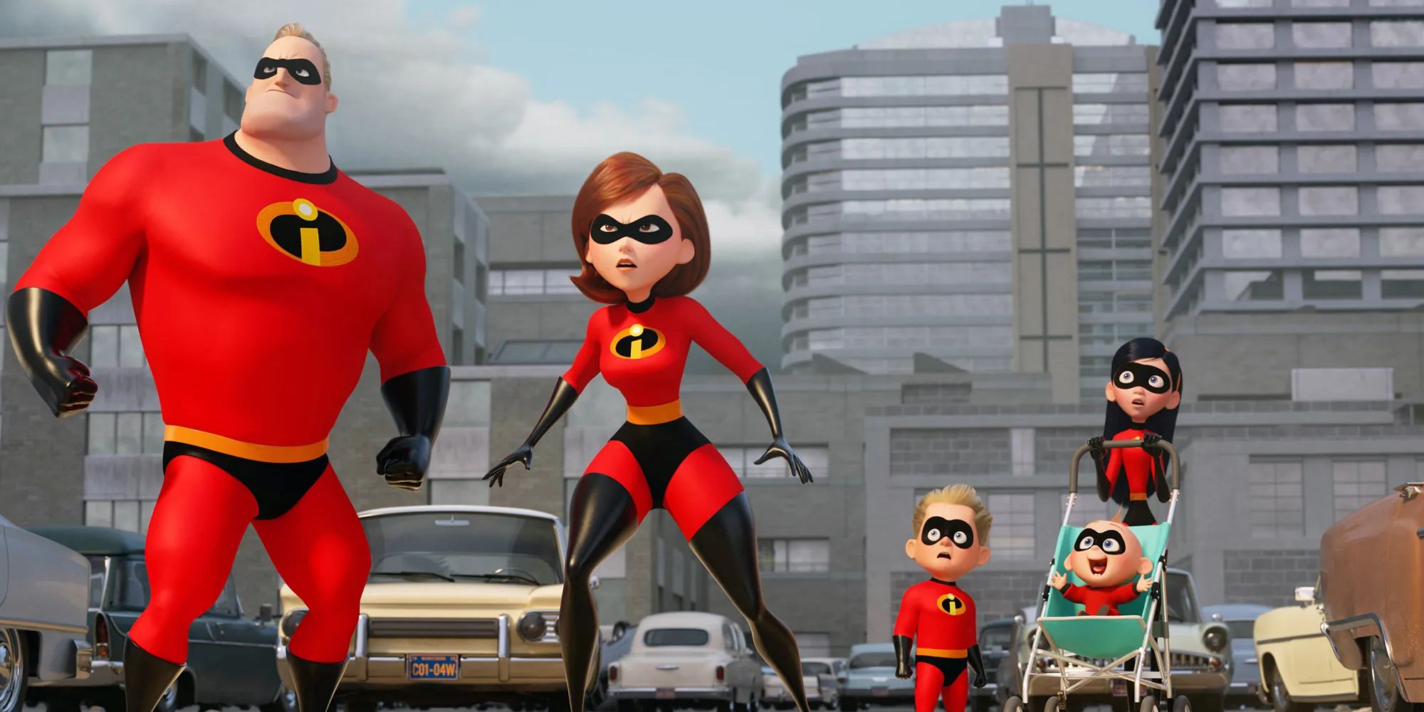 The Parr family in their superhero costumes looking ahead in awe in The Incredibles