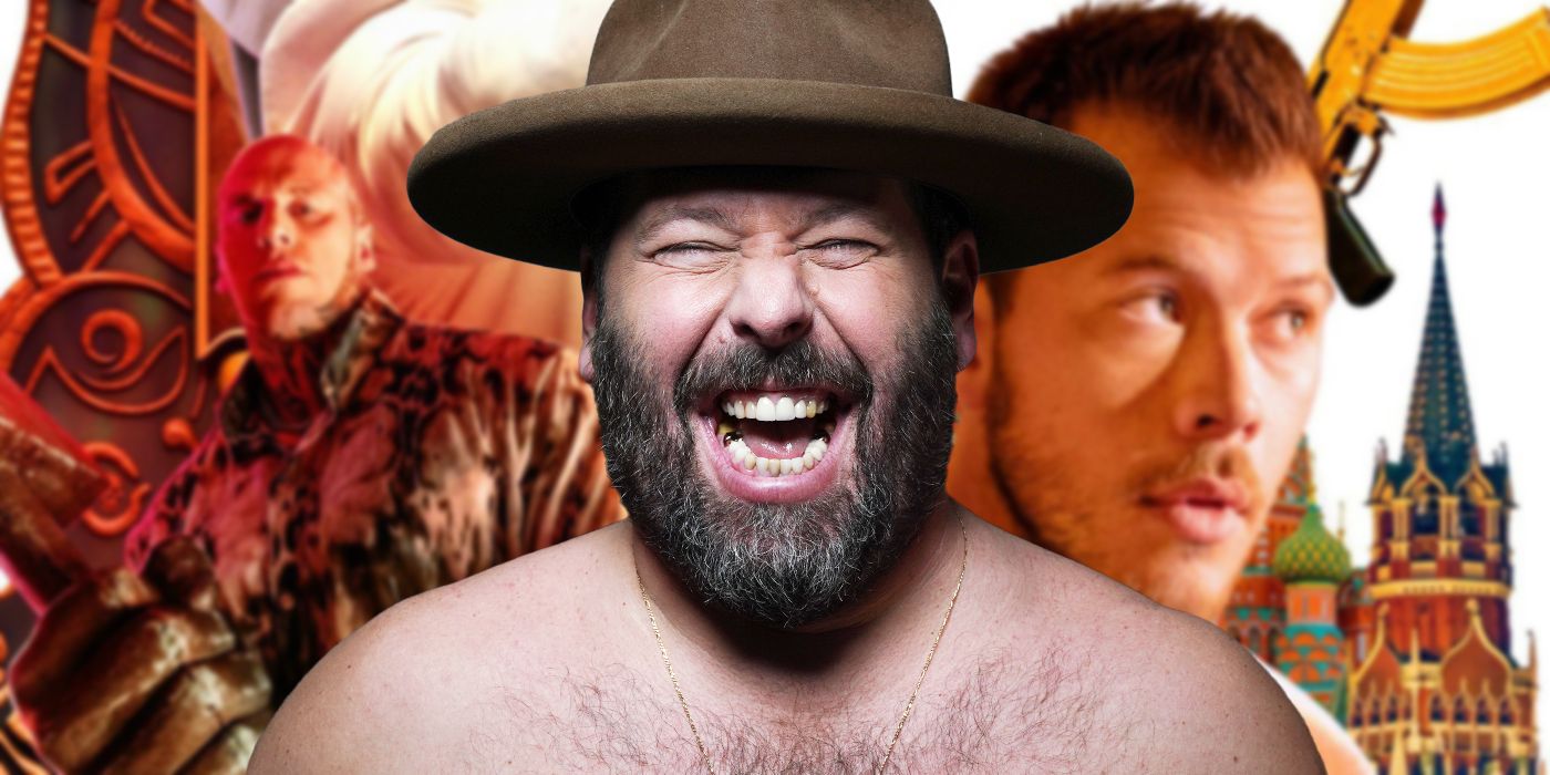 Custom image of Bert Kreischer smiling against a poster of The Machine as the background