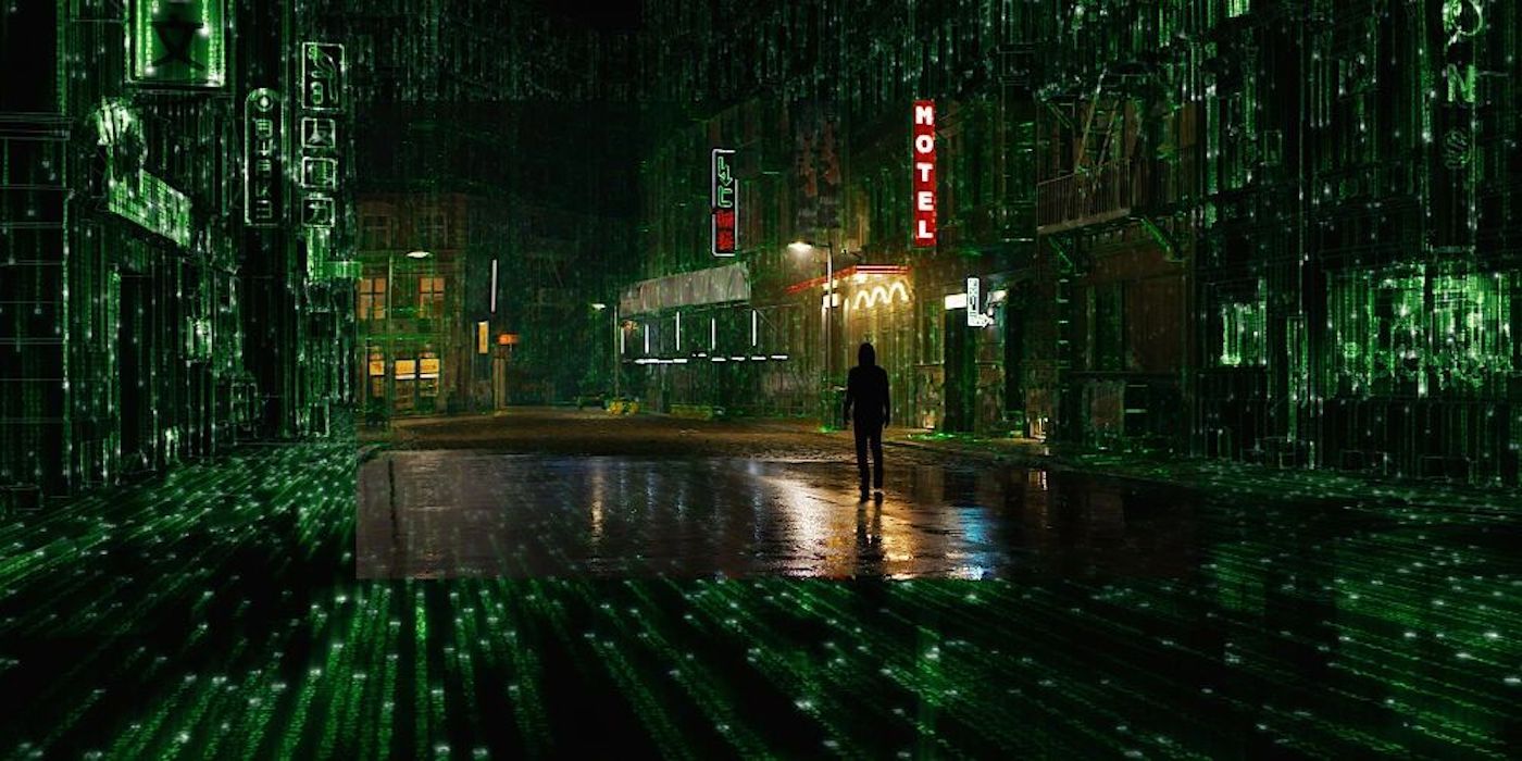 Keanu Reeves as Neo standing in a digital rain street in The Matrix Resurrections