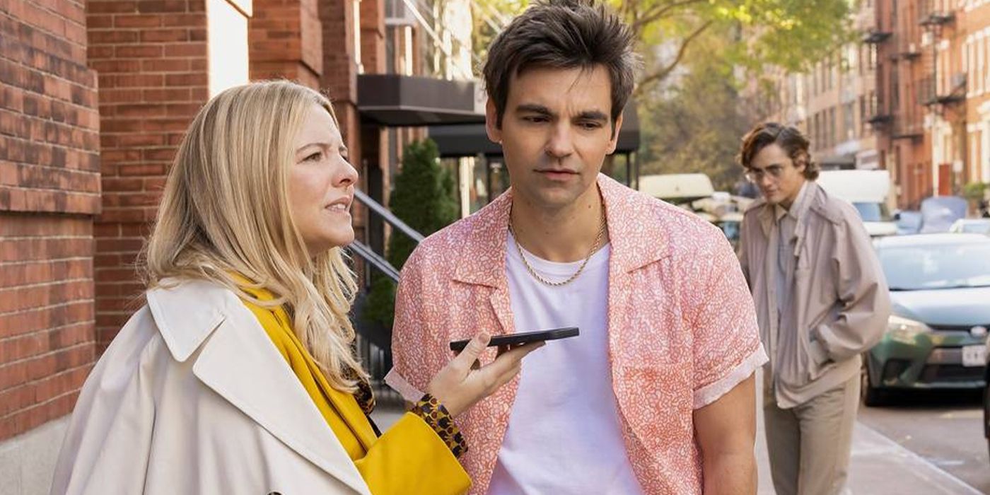 Drew Tarver and Heléne Yorke listen to a voice message in a scene from The Other Two Season 3