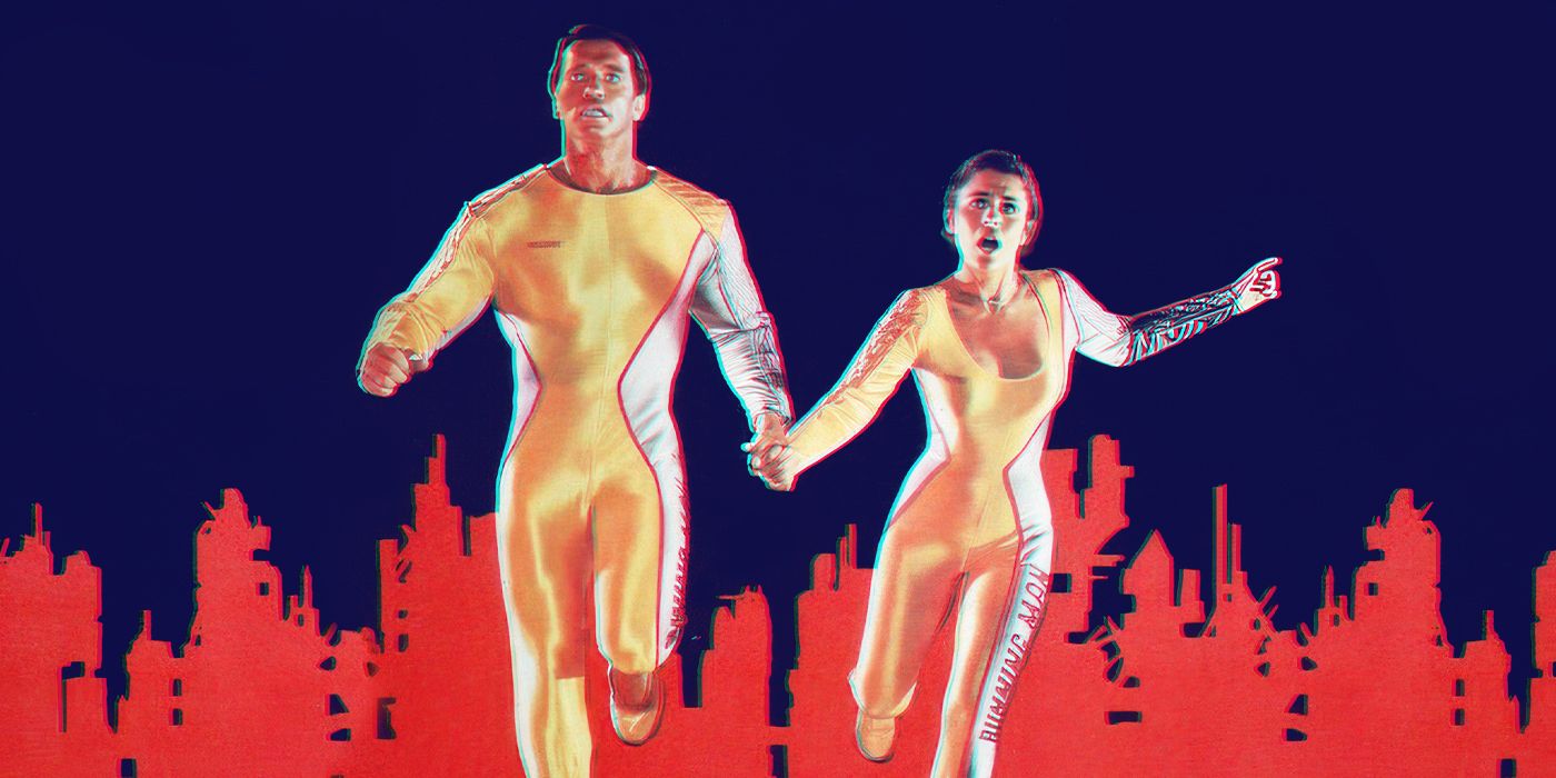 Arnold Schwarzenegger and Maria Conchita Alonso running in The Running Man with a stylized background