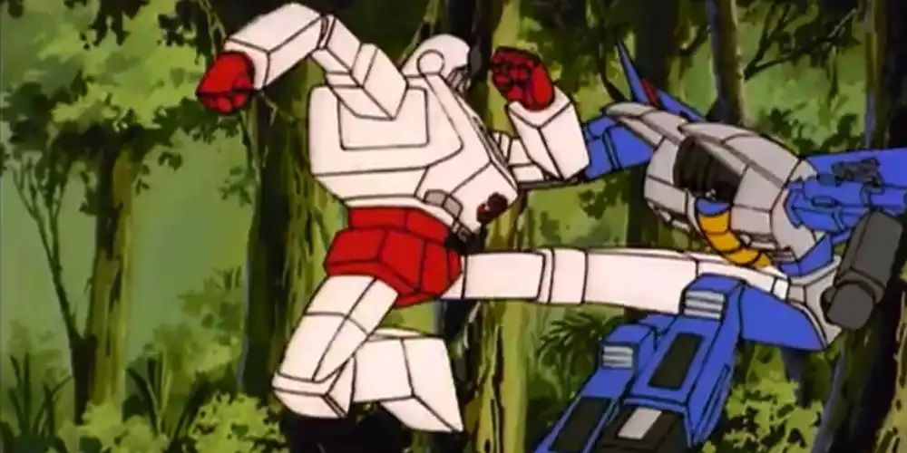 Rachet kicking Thundercracker in the Transformers cartoon