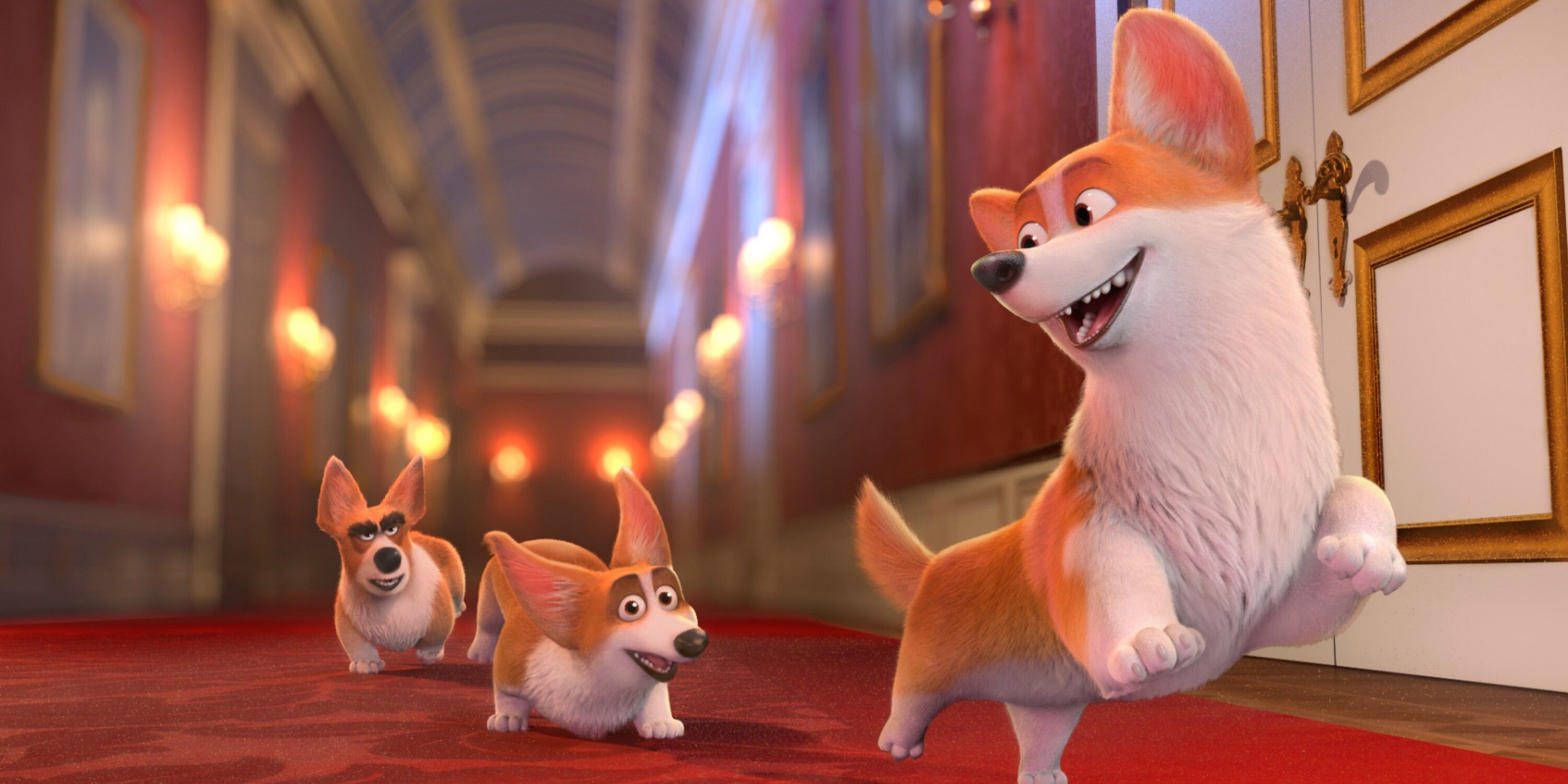 A still from 'The Queen's Corgi' featuring three corgis playfully running through the halls of Buckingham Palace