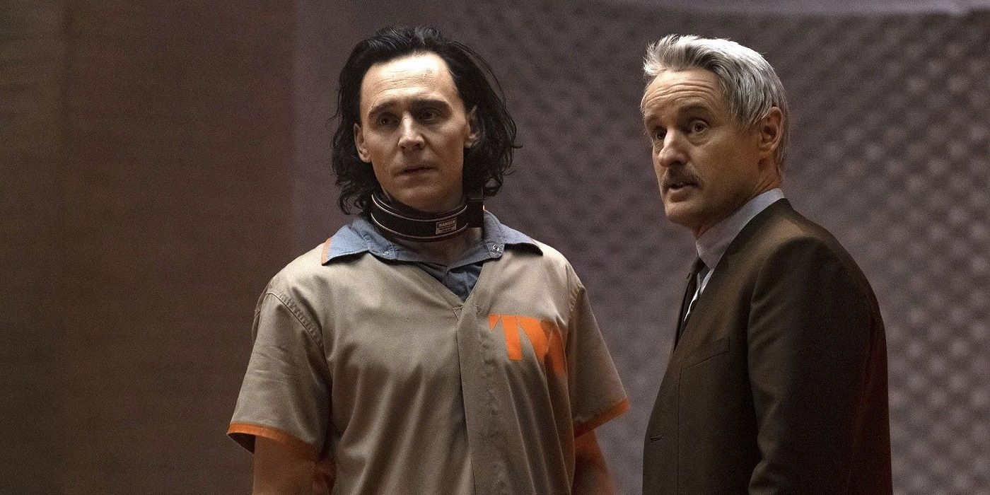 An arrested Loki (Tom Hiddleston) and TVA employee Mobius (Owen Wilson) together in 