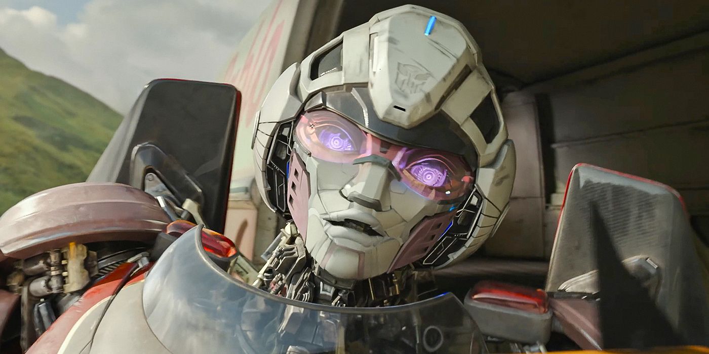 A close-up of the robot Arcee looking shocked in Rise of the Beasts